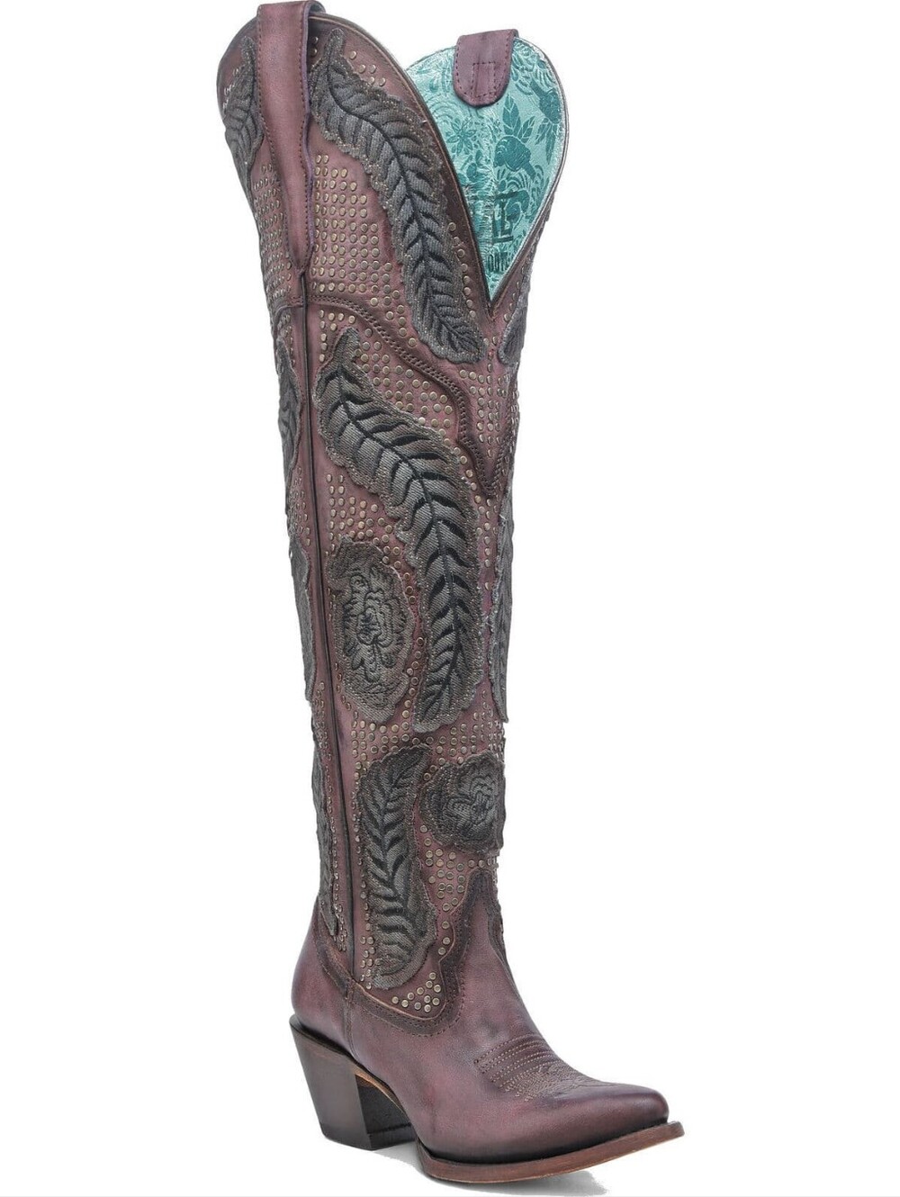 Corral Pink Dark Denim Overlay Embroidered Knee High Boots Size 9.5 NIB
